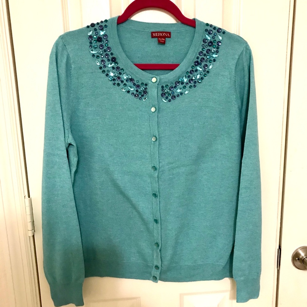Turquoise cardigan with bejeweled yoke